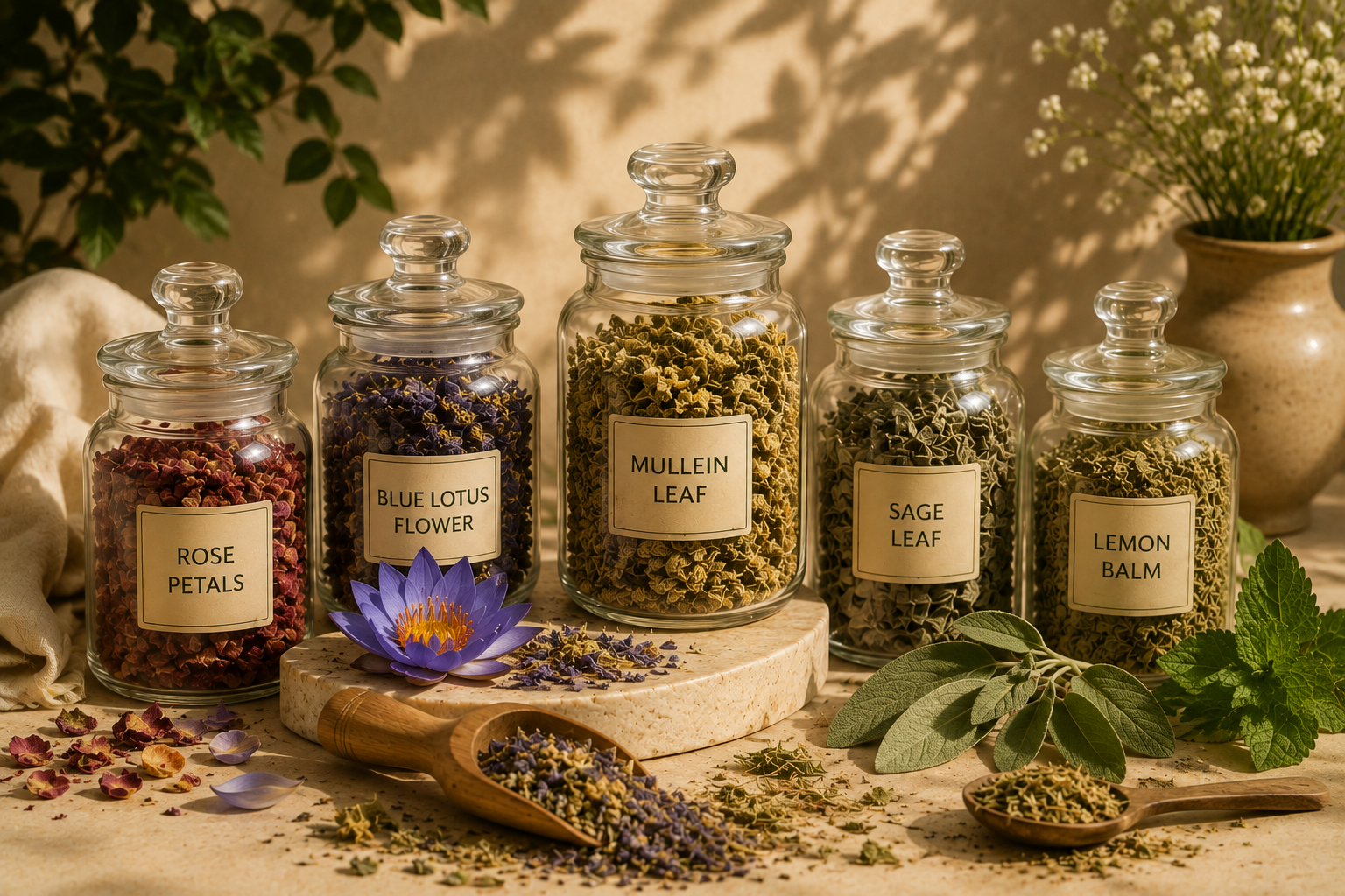 Organic herb jars displayed on shelves - Nai ORGANICS Herbs Collection