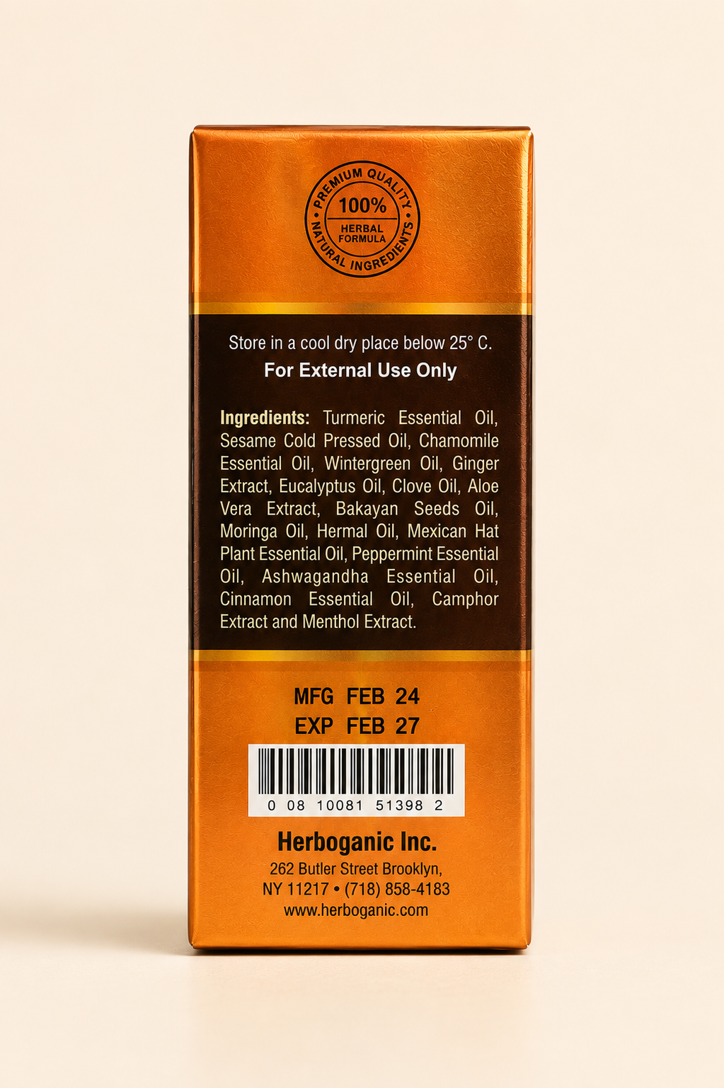 Turmeric Pain Relief Oil back panel showing ingredients and storage instructions