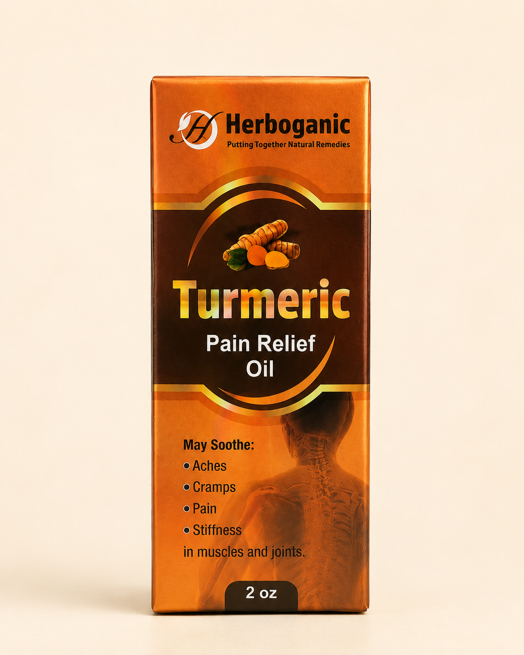 Turmeric Pain Relief Oil front of box showing product name and benefits