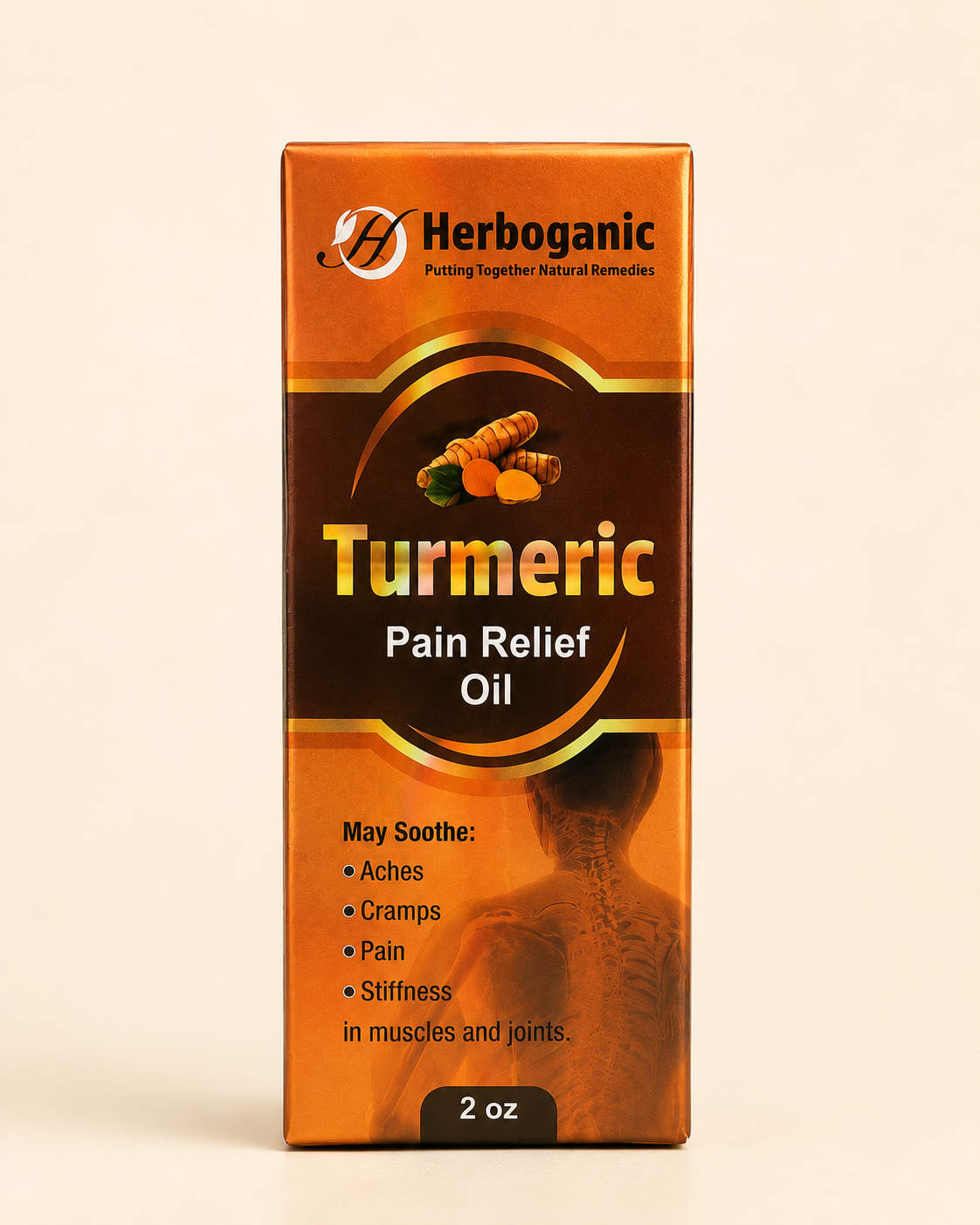 Turmeric Pain Relief Oil front of box showing product name and benefits