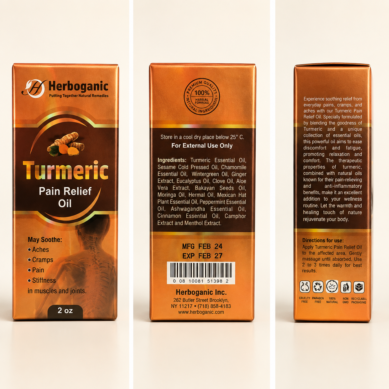 Turmeric Pain Relief Oil three-panel view showing front, ingredients, and directions