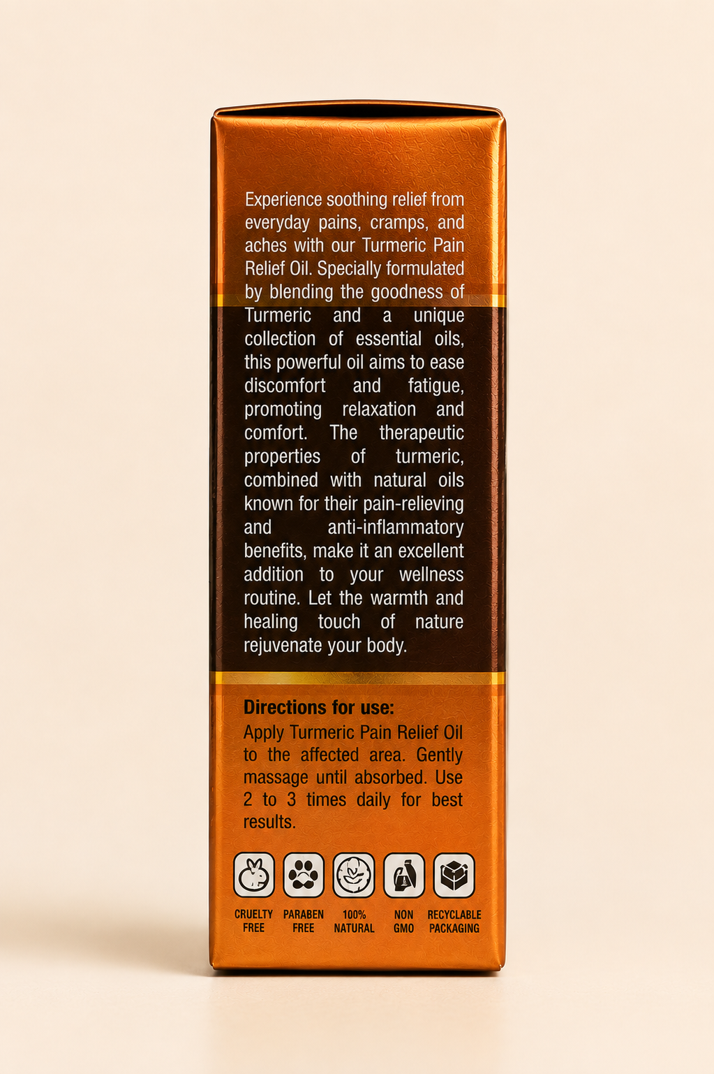 Turmeric Pain Relief Oil side panel showing directions for use and certifications