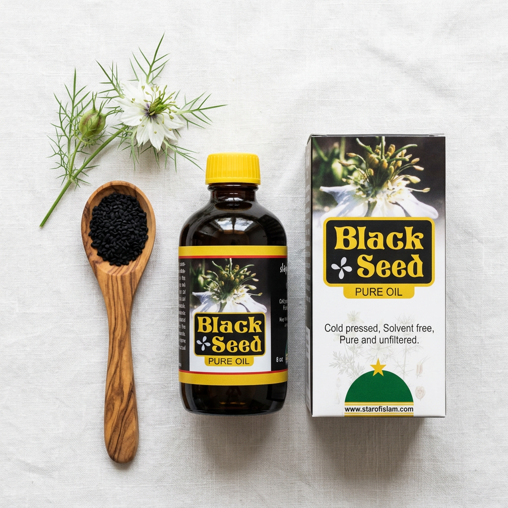 Black Seed Oil linen flat lay
