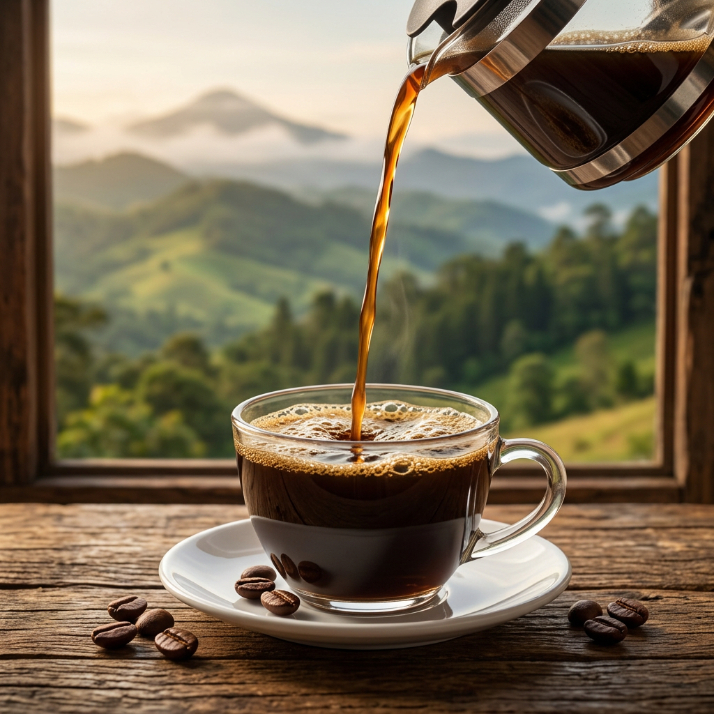 Coffee pouring into a glass cup with a mountain backdrop