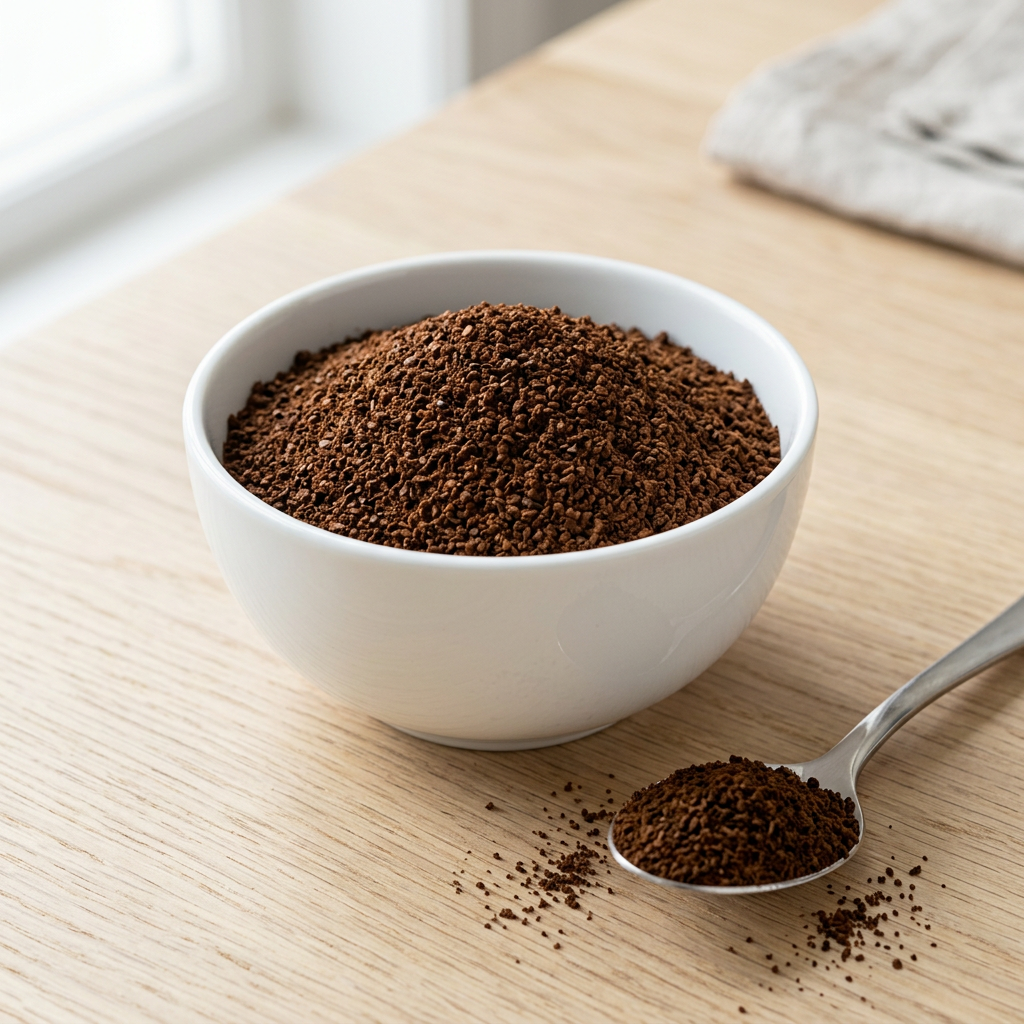 Ground coffee in a white bowl with a spoon on a light wood table