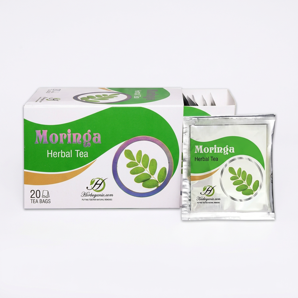 Herboganic Moringa Herbal Tea 20 tea bags box and matching sachet on a white background