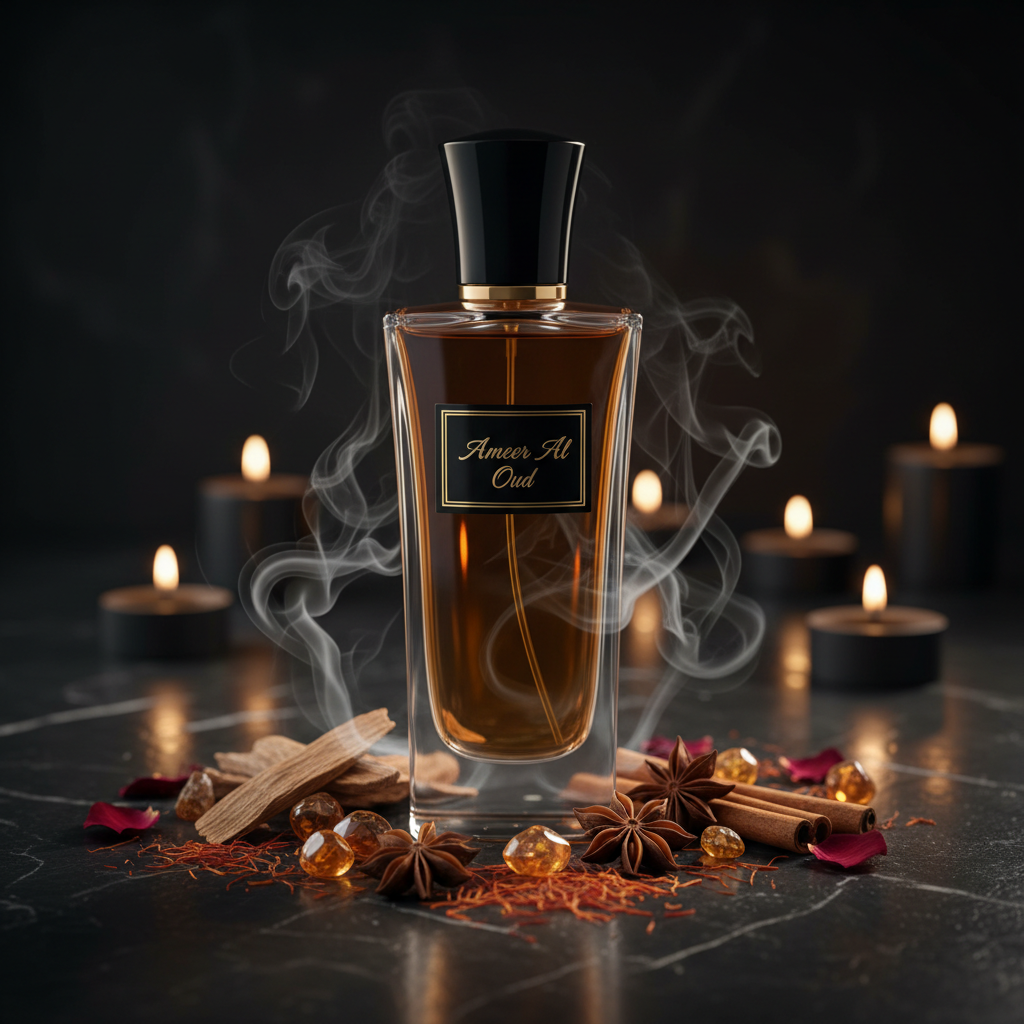 Ameer Al Oud - luxury bottle hero shot with smoke