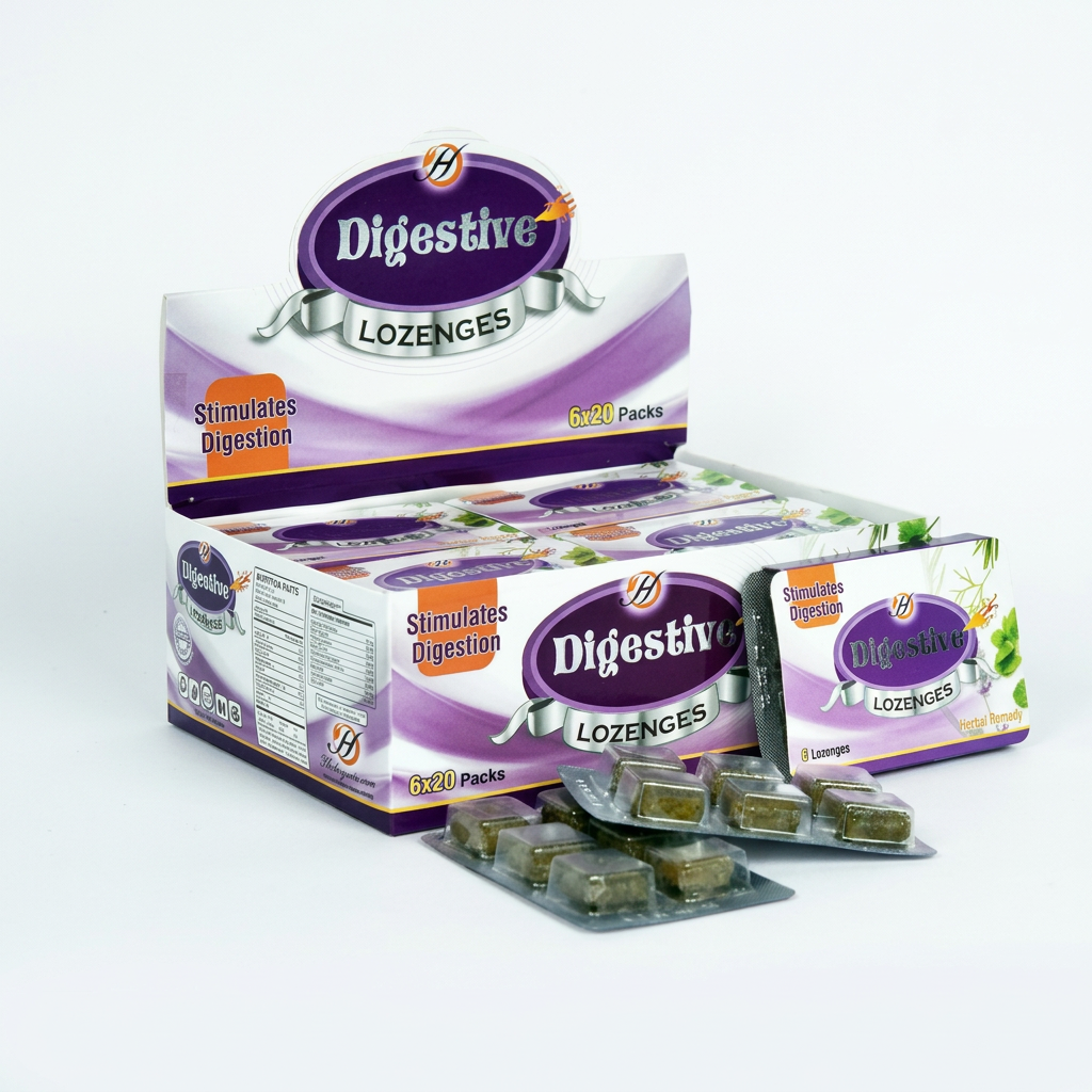 Herboganic Digestive Lozenges display box, small pack and blister strips on white