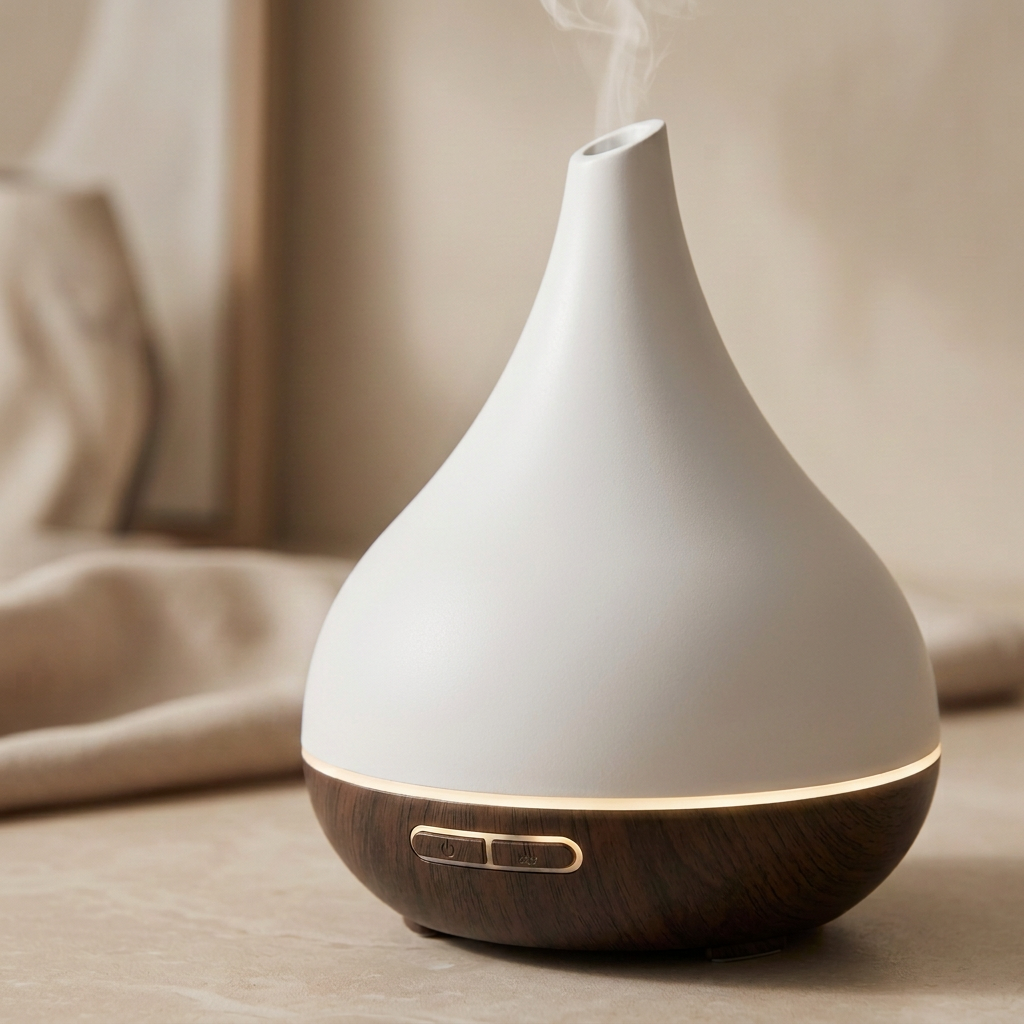 Detail of the white tapered diffuser with narrow top opening and dark base