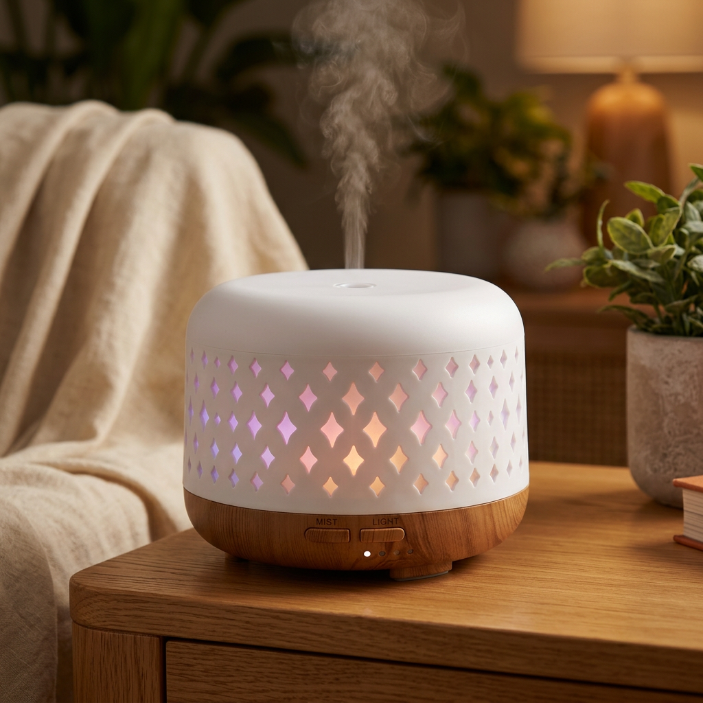 Illuminated diamond-pattern aroma diffuser with wood-tone base in a botanical living room