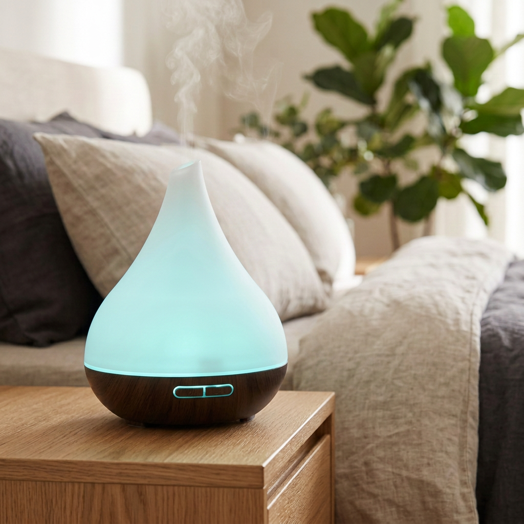 White tapered diffuser with narrow mist opening in a bedroom setting