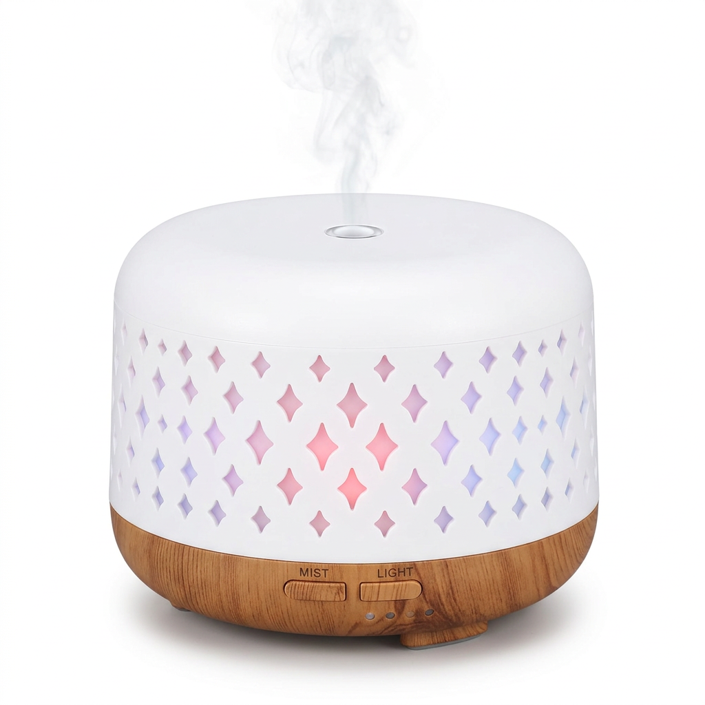 White diamond-pattern aroma diffuser with a brown wood-tone base on a white background
