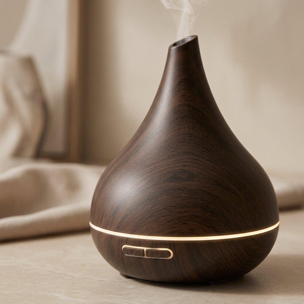 Close-up of the dark wood-look tapered diffuser finish and controls