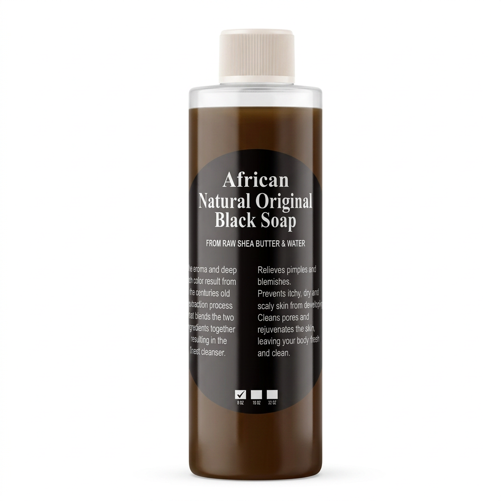African Natural Original Black Soap 8 oz bottle with white cap on a white background