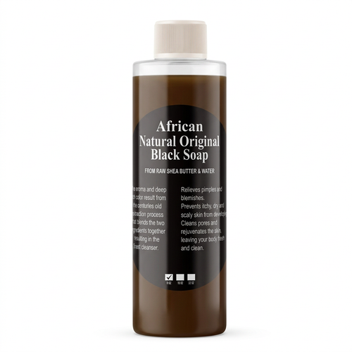 African Natural Original Black Soap 8 oz bottle with white cap on a white background