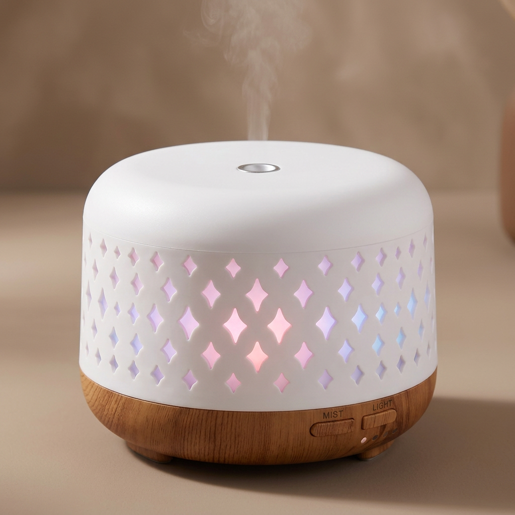 Close-up of the white diamond-pattern diffuser cover and brown wood-tone base