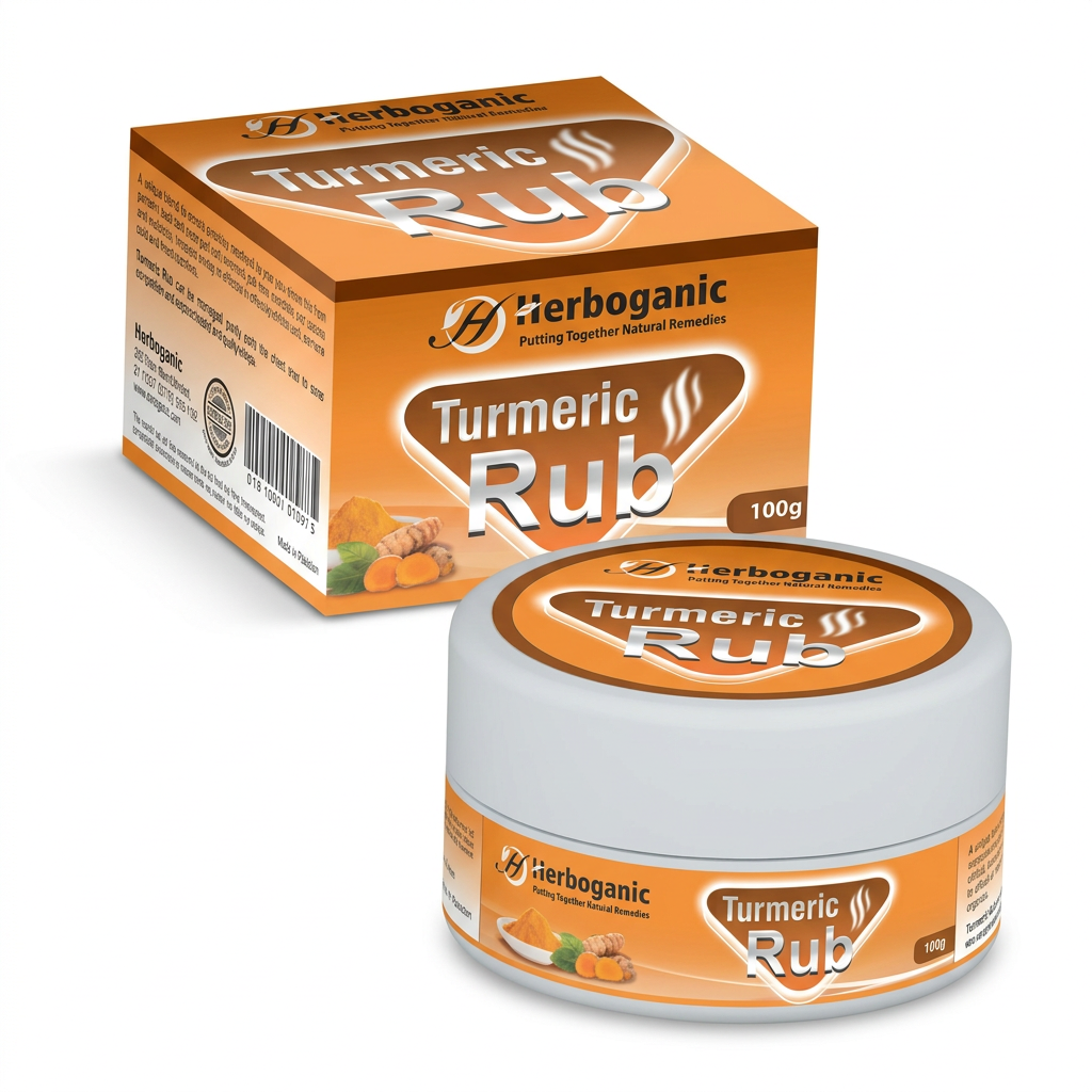 Herboganic Turmeric Rub jar and orange carton on a clean white background