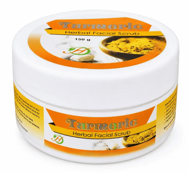 Turmeric Herbal Facial Scrub 150 g white jar with orange and yellow label