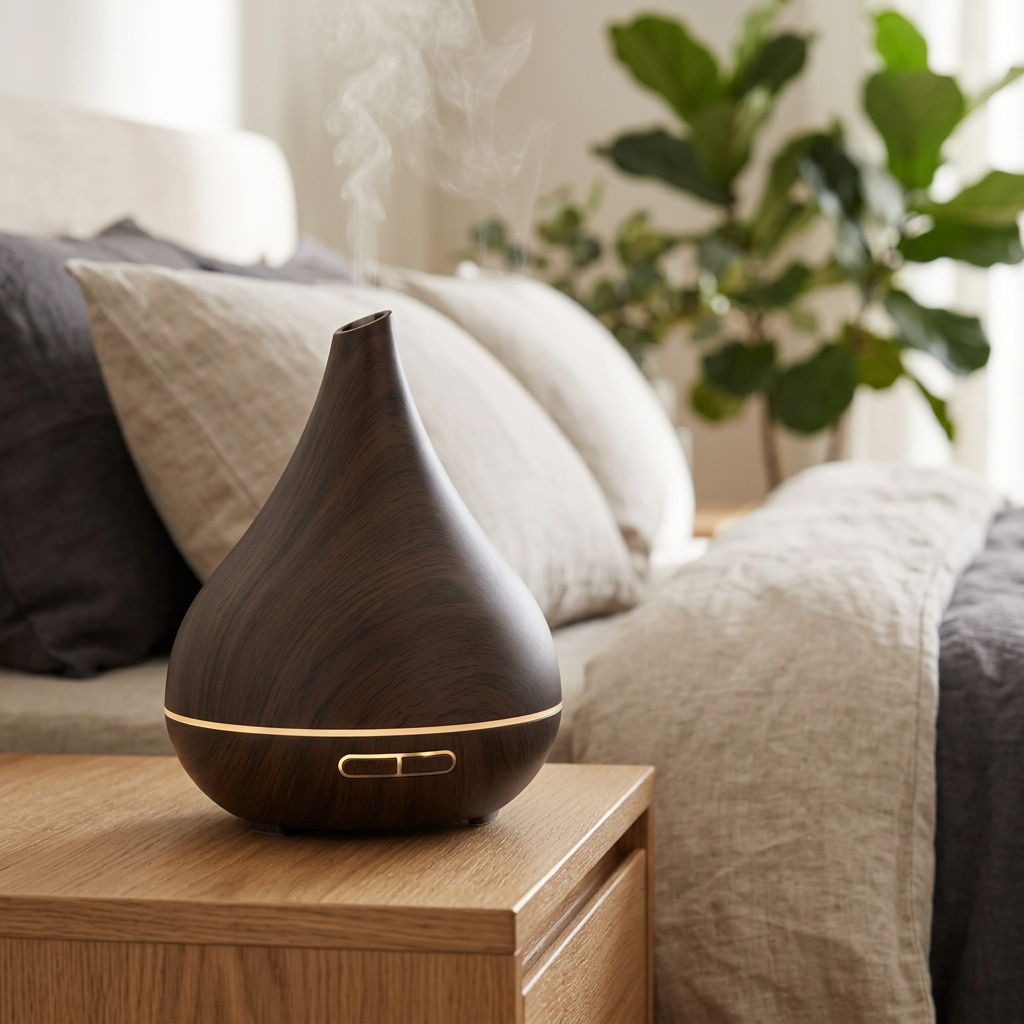 Dark wood-look tapered diffuser with mist in a warm botanical bedroom