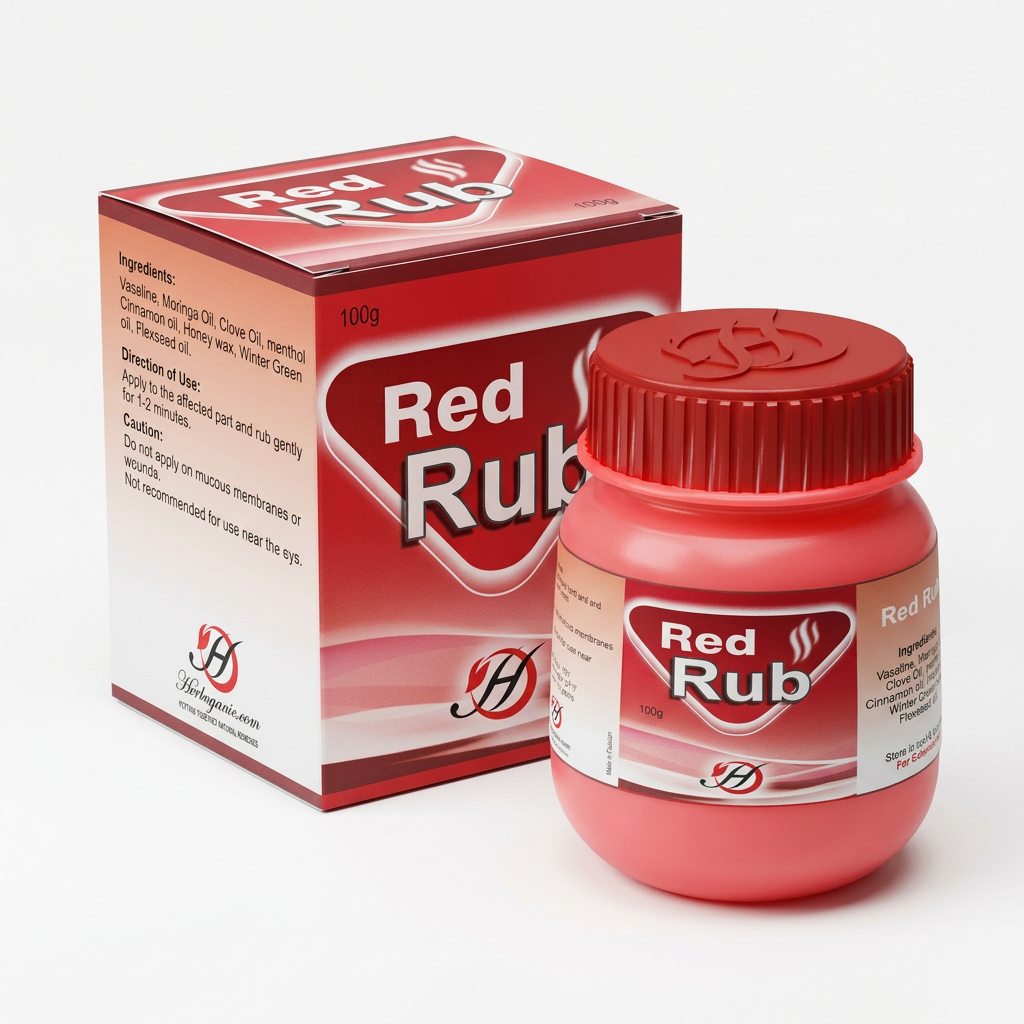 Herboganic Red Rub 100 g red jar and carton on a white background