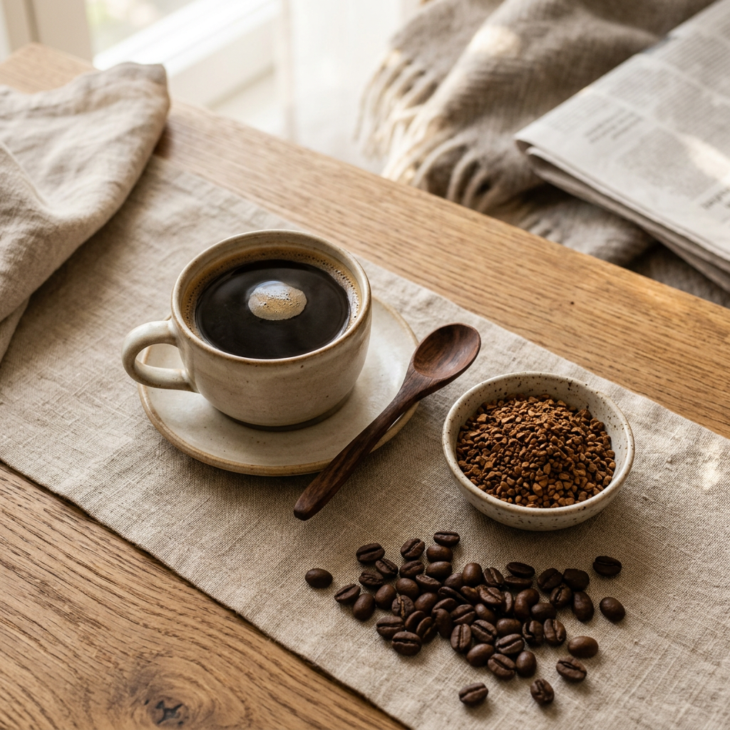 Morning coffee with instant granules and roasted brown beans