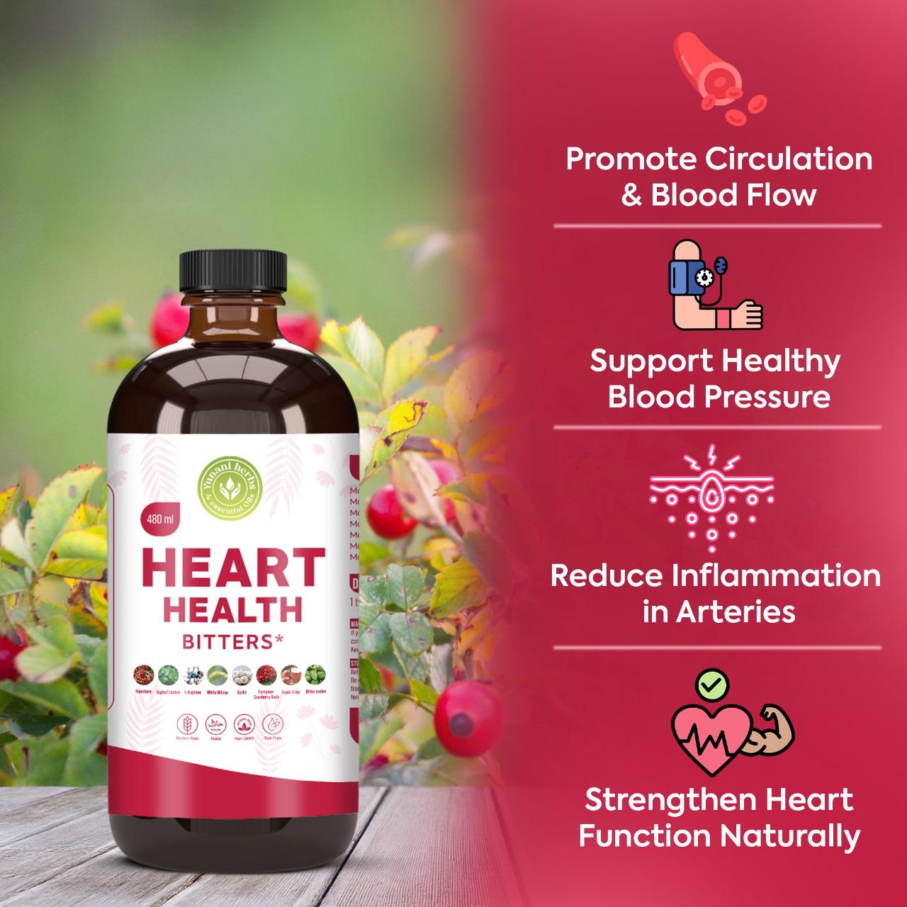 Heart Health Bitters benefits: promote circulation, support blood pressure, reduce inflammation, strengthen heart
