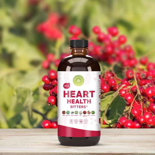 Heart Health Bitters 480ml bottle with hawthorn berries background